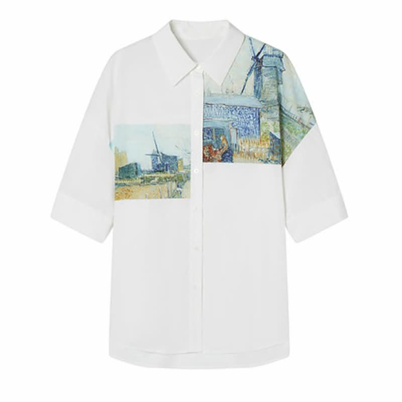 Vintage Painting Blue House Shirt - White / S