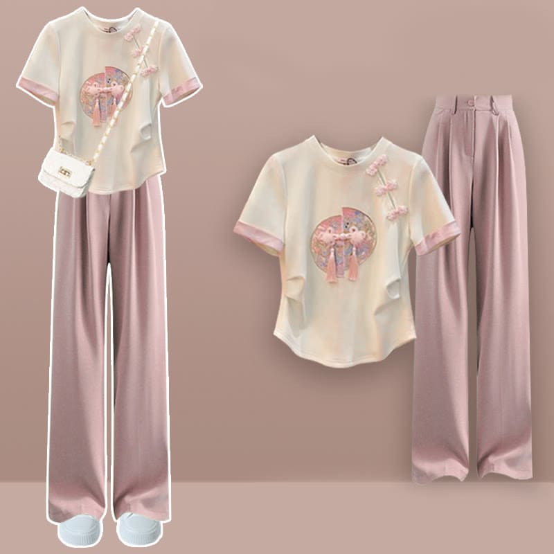Vintage Pink Buckle T-shirt Pure Color Pants - Set / M
