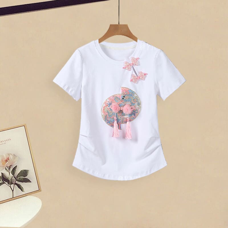 Vintage Pink Buckle T-Shirt Wash Painting Casual Pants