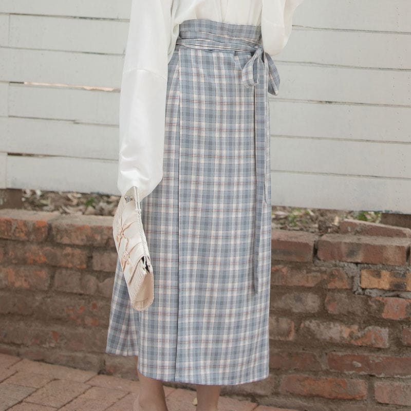 Vintage Plaid Belt Skirt Outerwear Four-piece Set - Blue