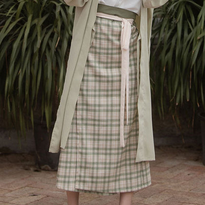 Vintage Plaid Belt Skirt Outerwear Four-piece Set - Green