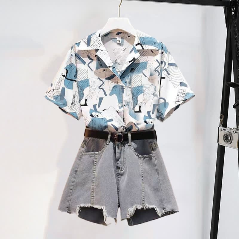 Vintage Print Casual Laple T-Shirt Pocketed Denim Shorts