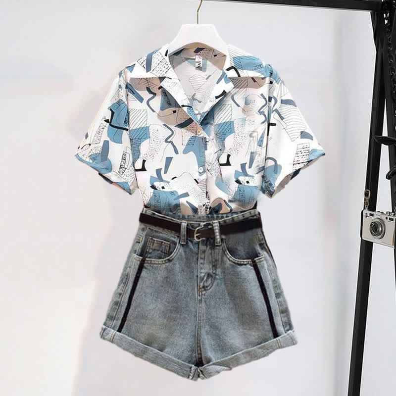 Vintage Print Casual Laple T-Shirt Pocketed Denim Shorts