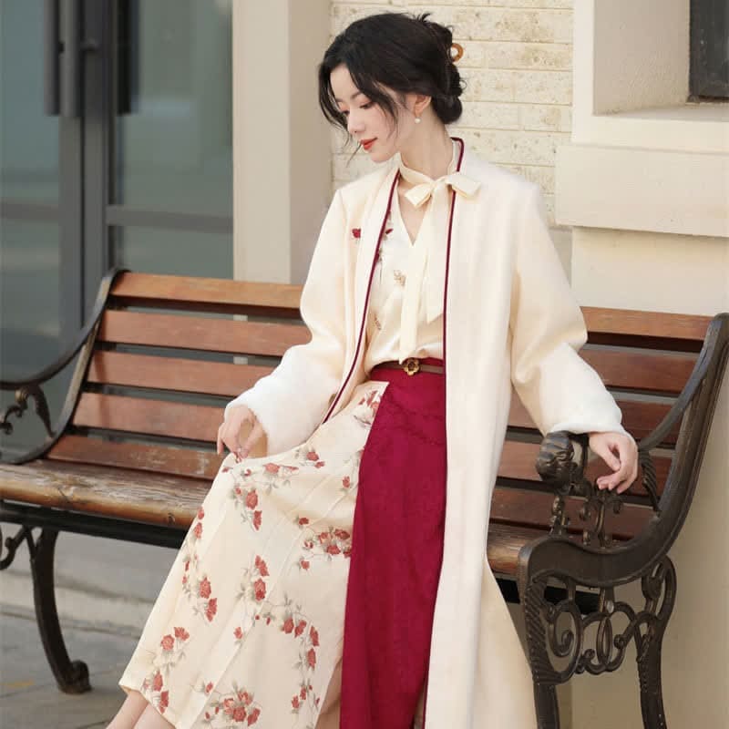 Vintage Rose Embroidery Outerwear Shirt Skirt