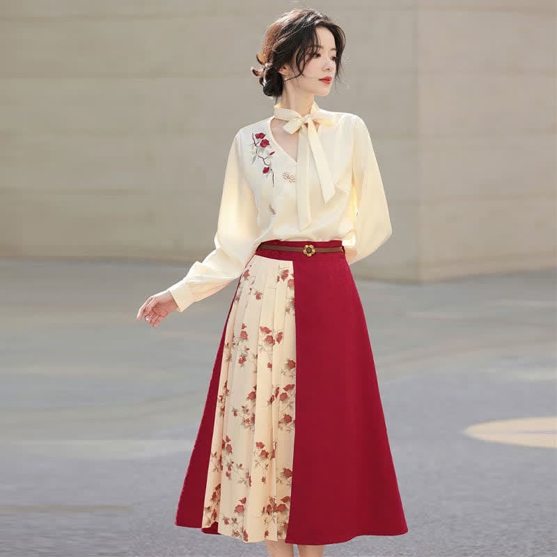 Vintage Rose Embroidery Outerwear Shirt Skirt