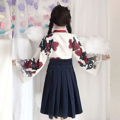 Vintage Rose Flower Print Kimono Shirt Lace Up Pleated Skirt