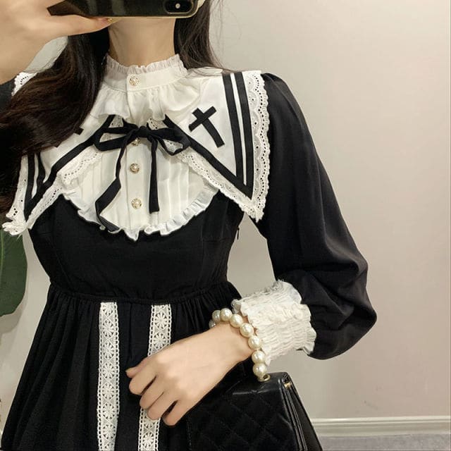 Vintage Sailor Collar Ruffles Lace Black Elegant Dress