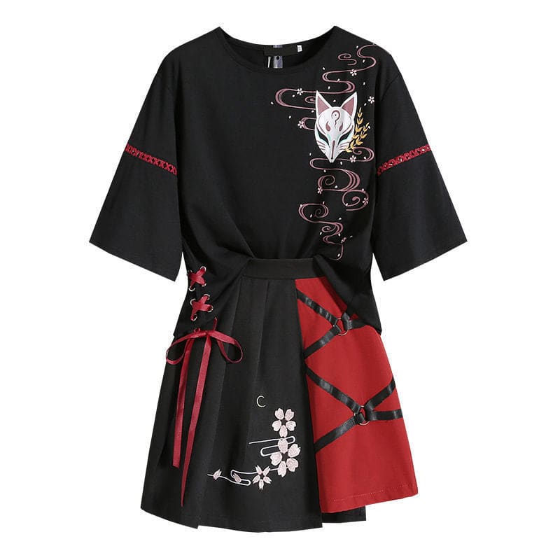 Vintage Sakura Fox Print Lace Up T-Shirt Skirt Set - Set / M