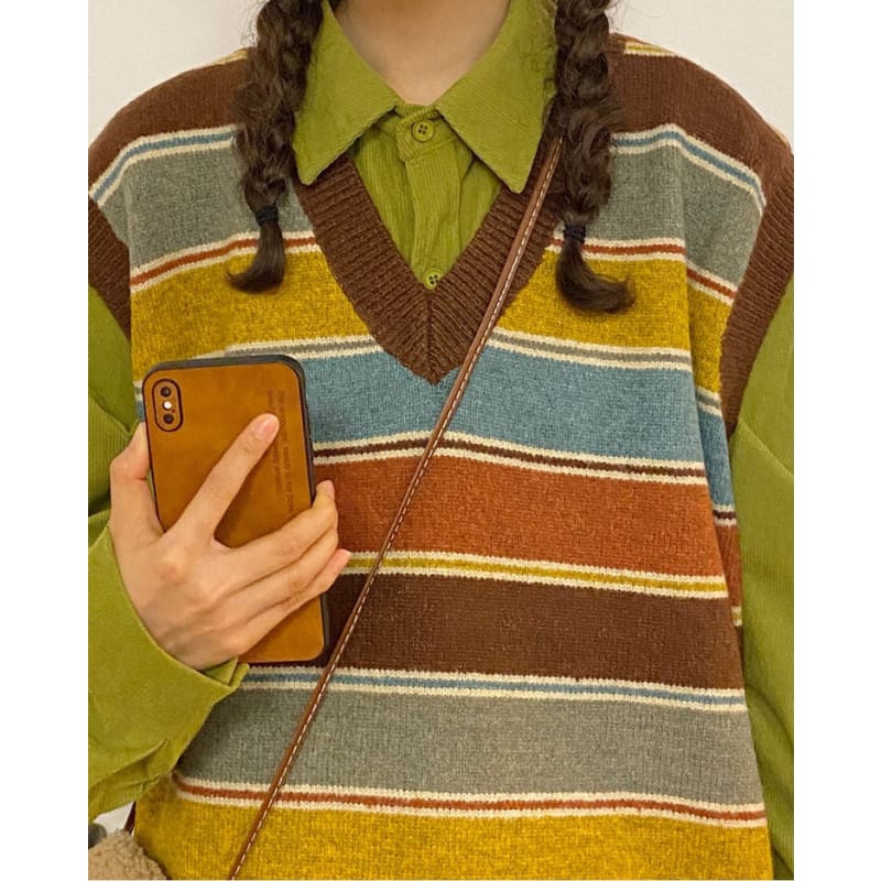 Vintage Striped Knit Vest - Vest