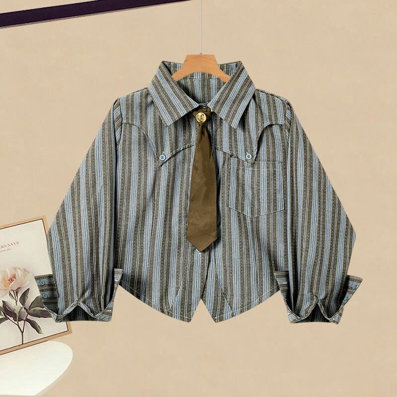 Vintage Striped Necktie Shirt Pure Color Skirt