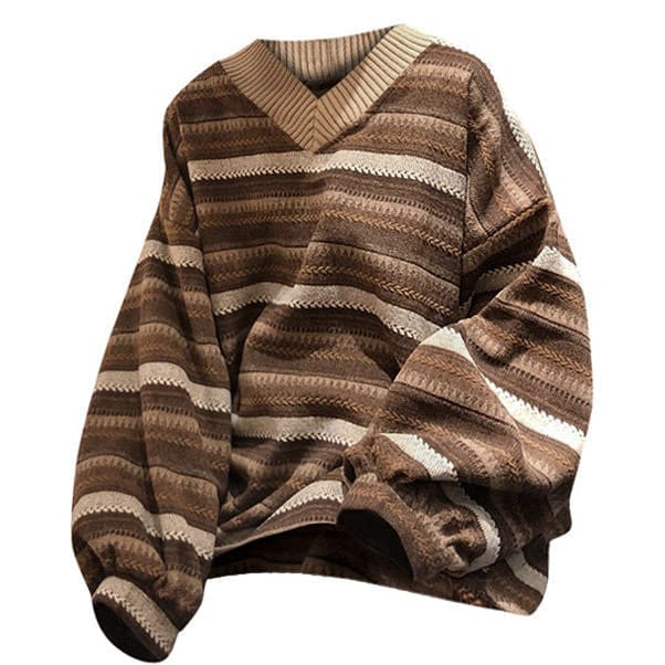 Vintage Striped V-Neck Sweater - M / Brown - Sweaters