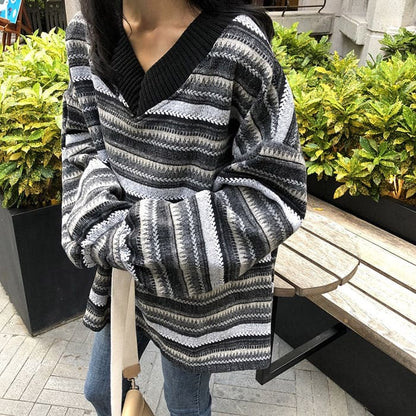 Vintage Striped V-Neck Sweater - Sweaters