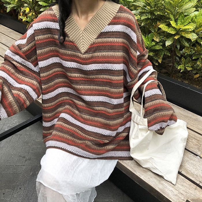 Vintage Striped V-Neck Sweater - Sweaters