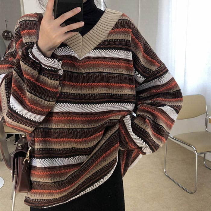 Vintage Striped V-Neck Sweater - Sweaters