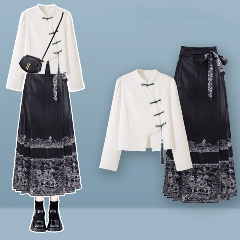 Vintage Tassel Shirt Embroideried Pleated Skirt - Set A / M