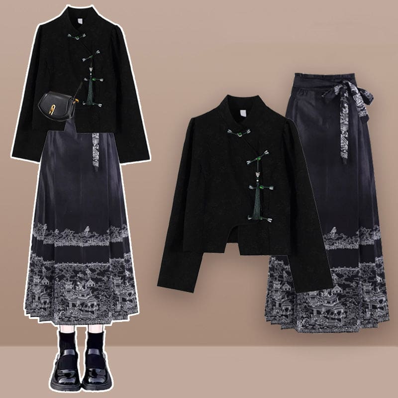 Vintage Tassel Shirt Embroideried Pleated Skirt - Set B / M