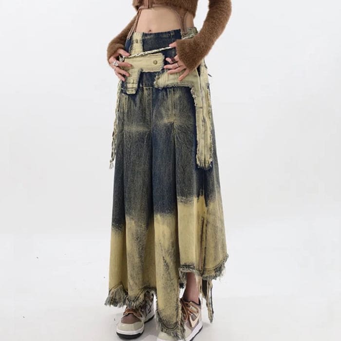 Vintage Washed Long Denim Skirt - Skirt