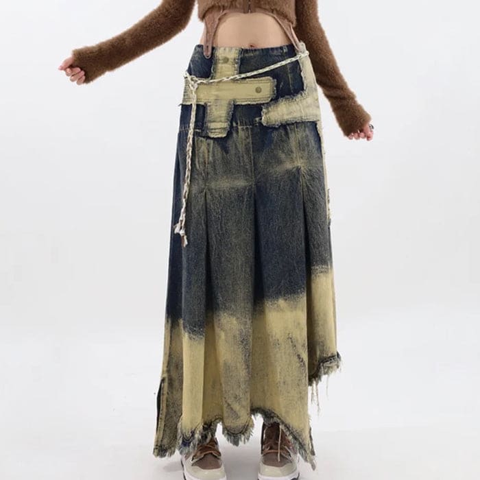 Vintage Washed Long Denim Skirt - Skirt