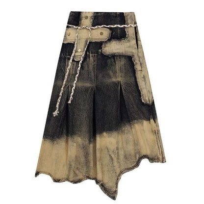 Vintage Washed Long Denim Skirt - S / Brown/grey - Skirt