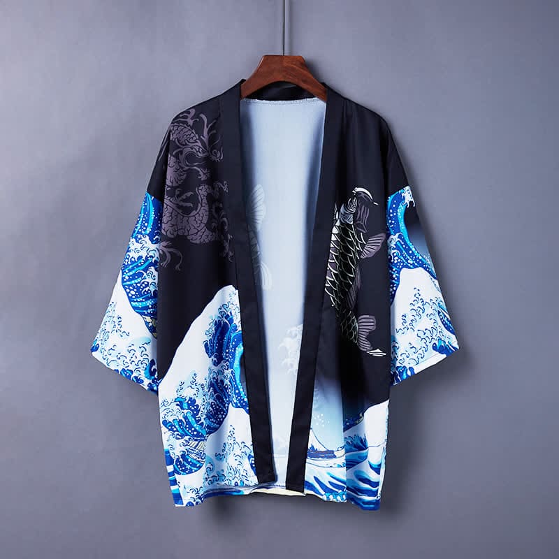 Vintage Wave Carp Print Casual Cardigan Kimono Outerwear