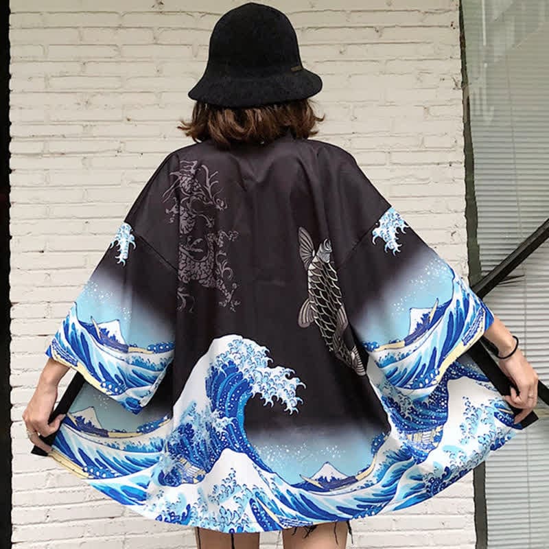 Vintage Wave Carp Print Casual Cardigan Kimono Outerwear