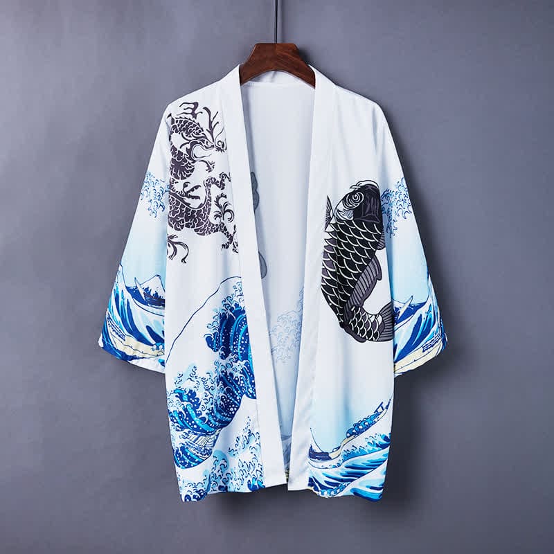 Vintage Wave Carp Print Casual Cardigan Kimono Outerwear