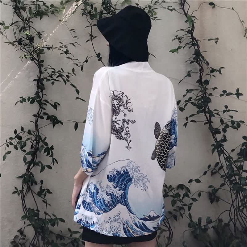 Vintage Wave Carp Print Casual Cardigan Kimono Outerwear