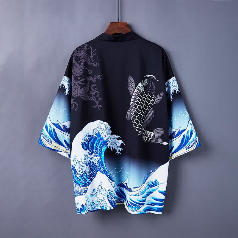 Vintage Wave Carp Print Casual Cardigan Kimono Outerwear