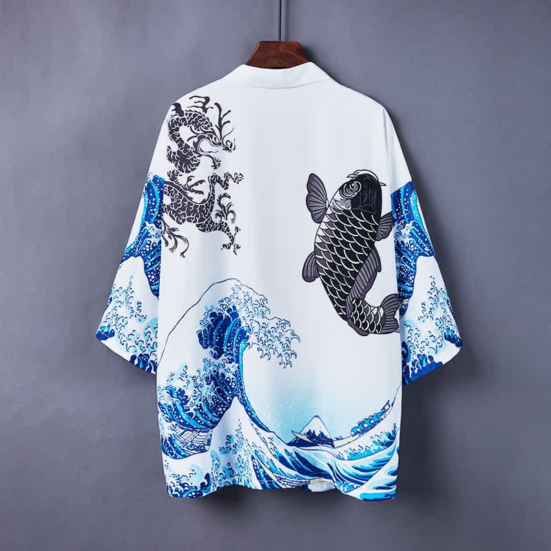 Vintage Wave Carp Print Casual Cardigan Kimono Outerwear