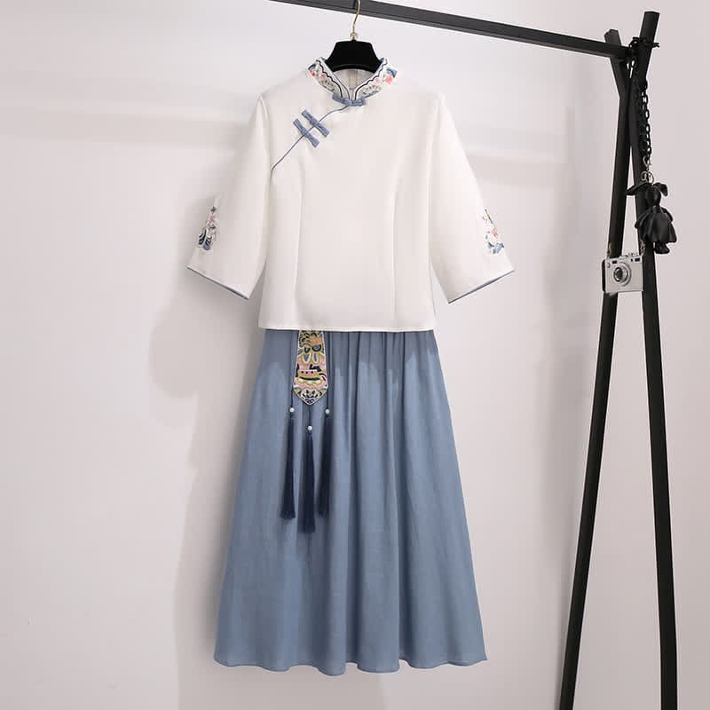 Vintage White Hanfu Buckle Shirt Tassel Skirt