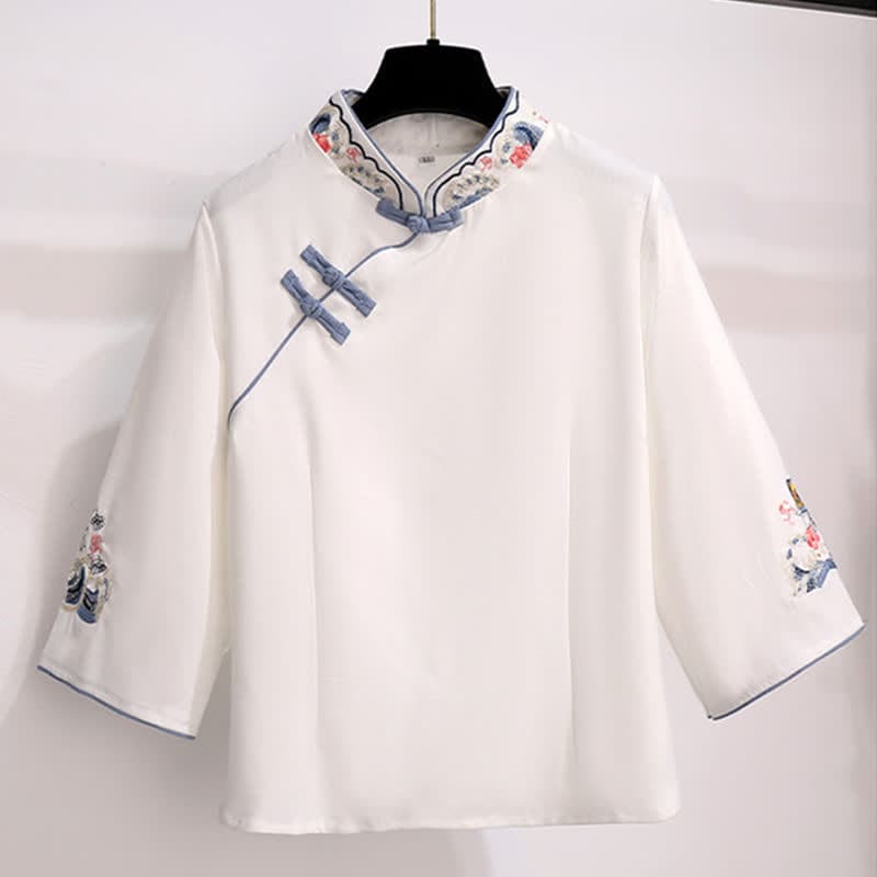 Vintage White Hanfu Buckle Shirt Tassel Skirt - Blue Shirt