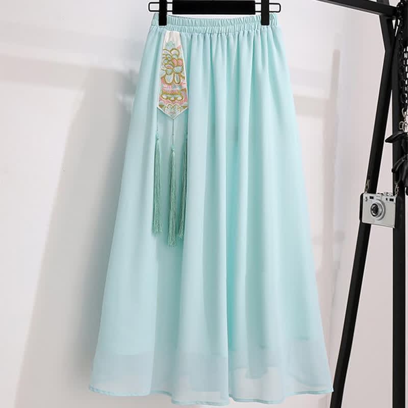 Vintage White Hanfu Buckle Shirt Tassel Skirt - Green Skirt