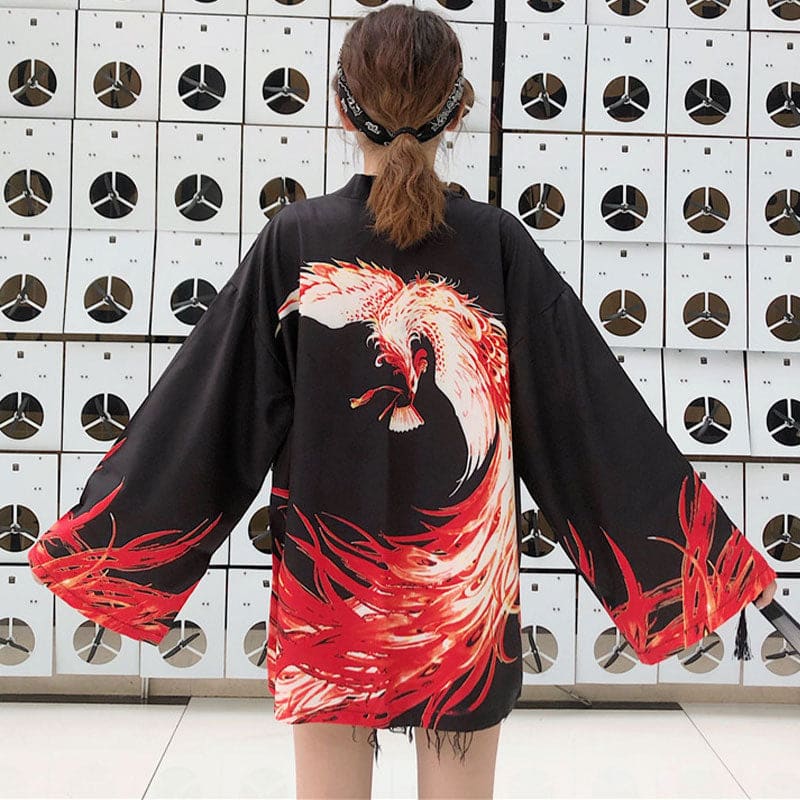 Vivid Phoenix Print Kimono Outerwear Sun Protective