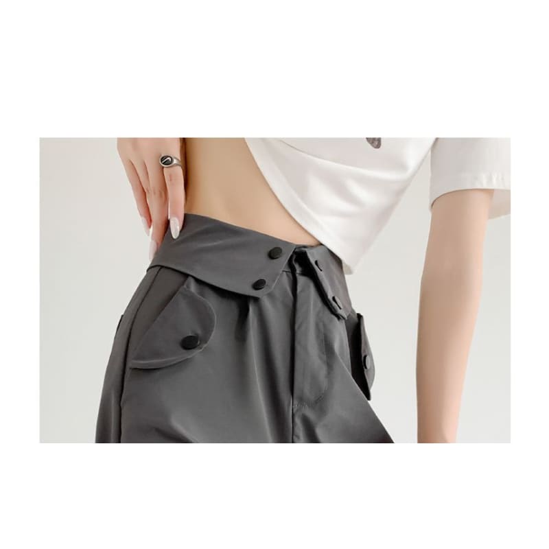 Waist Detailed Pocketed High Waist Plain Wide Leg Cargo