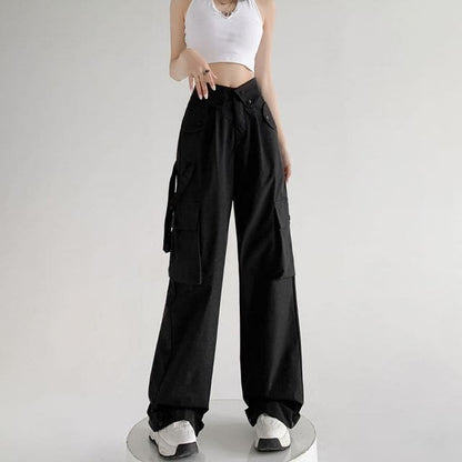 Waist Detailed Pocketed High Waist Plain Wide Leg Cargo