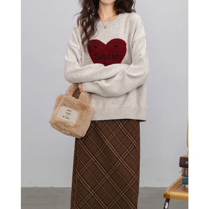 Warm Red Heart Sweater - Free Size / Grey/red - Sweater