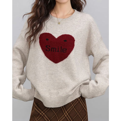 Warm Red Heart Sweater - Free Size / Grey/red - Sweater