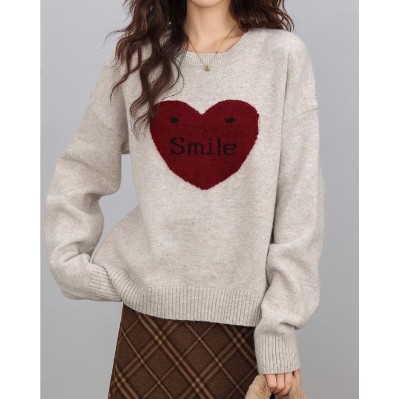 Warm Red Heart Sweater - Free Size / Grey/red - Sweater