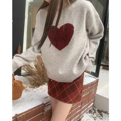 Warm Red Heart Sweater - Free Size / Grey/red - Sweater