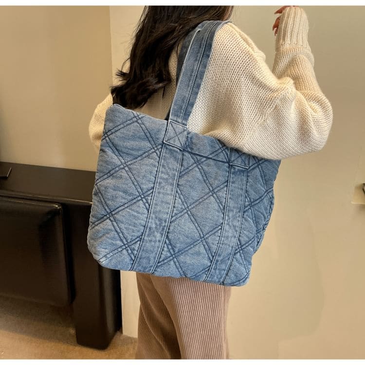 Washed Denim Puffer Tote Bag