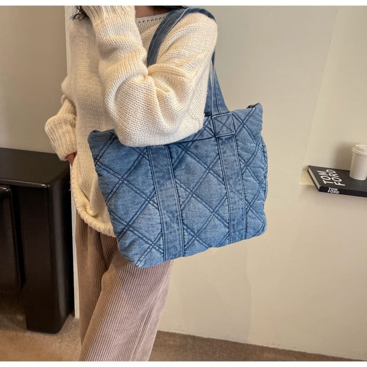 Washed Denim Puffer Tote Bag