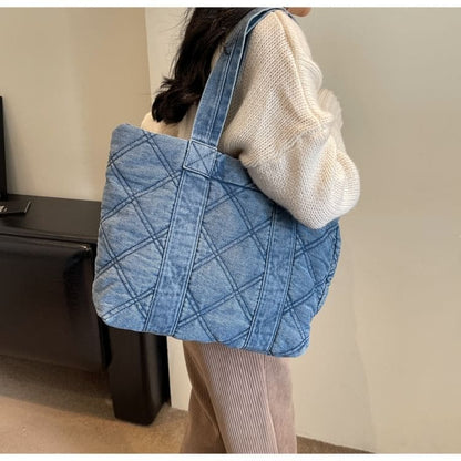 Washed Denim Puffer Tote Bag