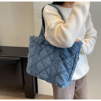 Washed Denim Puffer Tote Bag