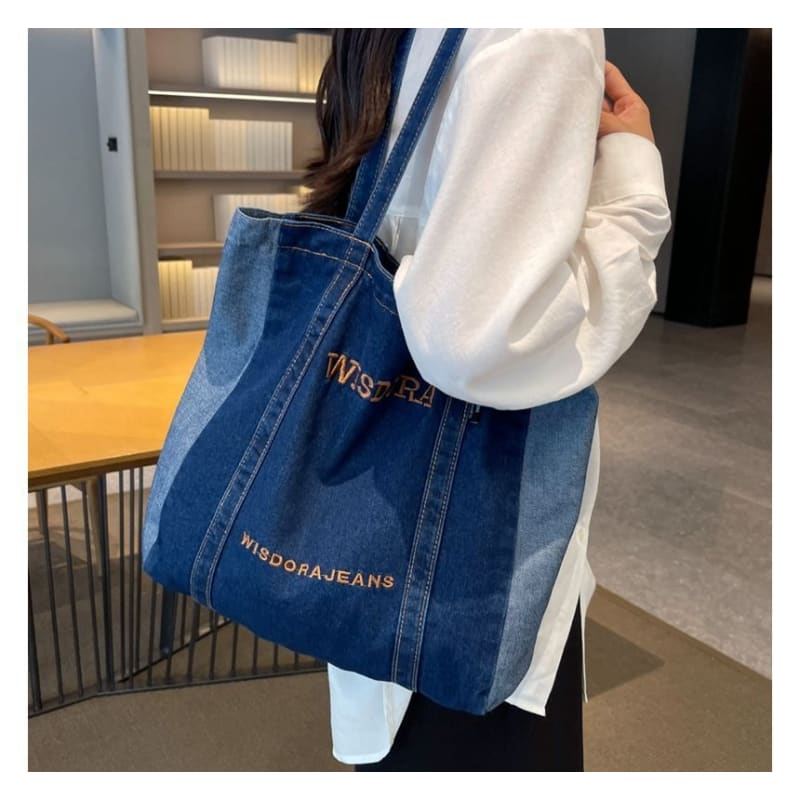 Washed Letter Embroidered Denim Tote Bag