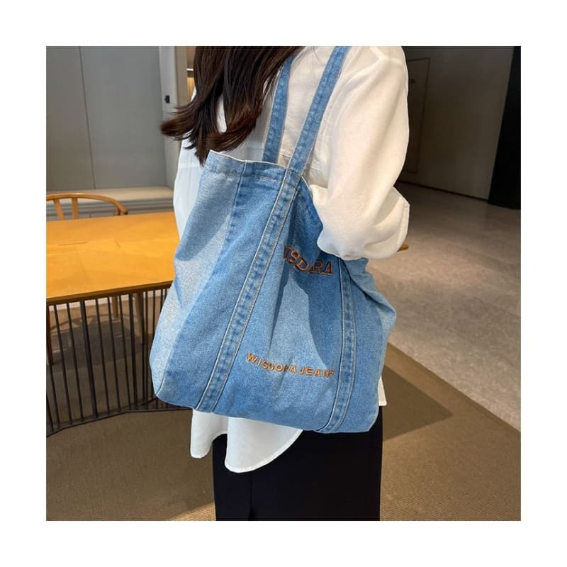 Washed Letter Embroidered Denim Tote Bag