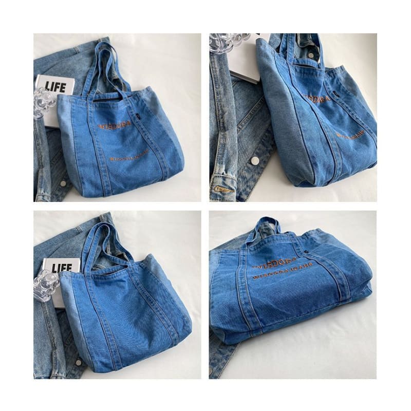 Washed Letter Embroidered Denim Tote Bag