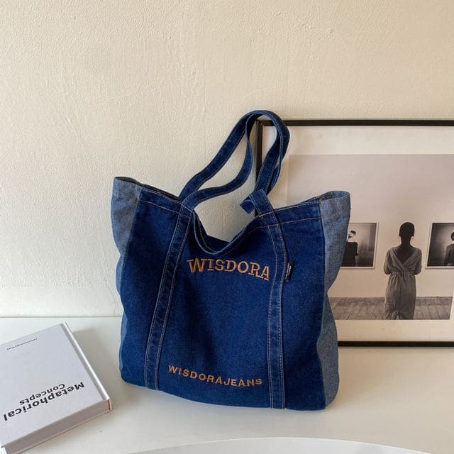 Washed Letter Embroidered Denim Tote Bag - Dark Blue