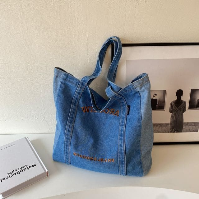 Washed Letter Embroidered Denim Tote Bag - Light Blue