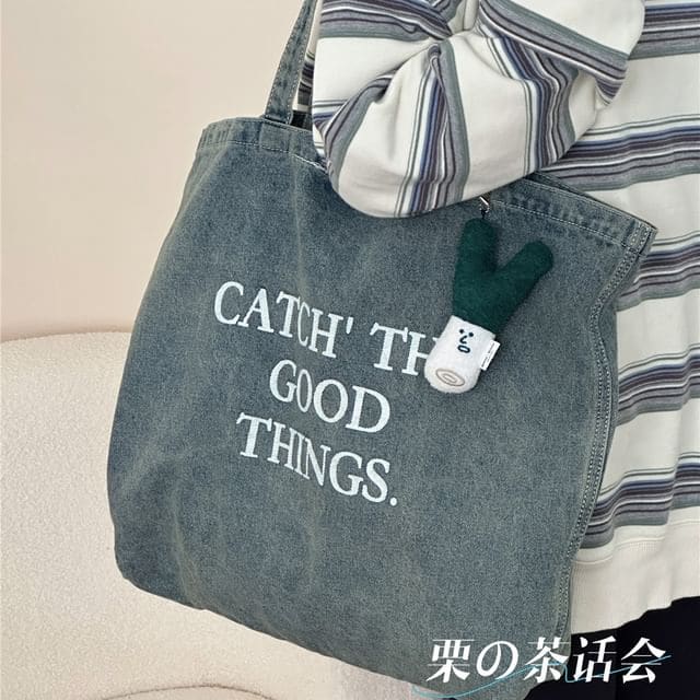 Washed Lettering Denim Tote Bag / Charm / Set