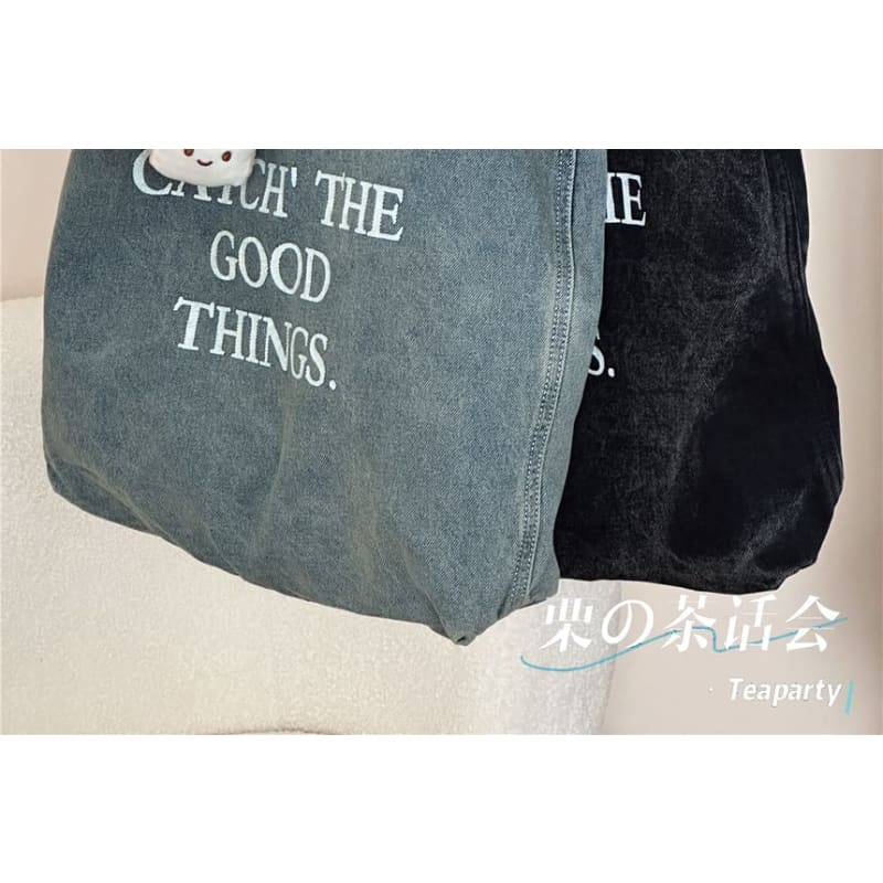 Washed Lettering Denim Tote Bag / Charm / Set